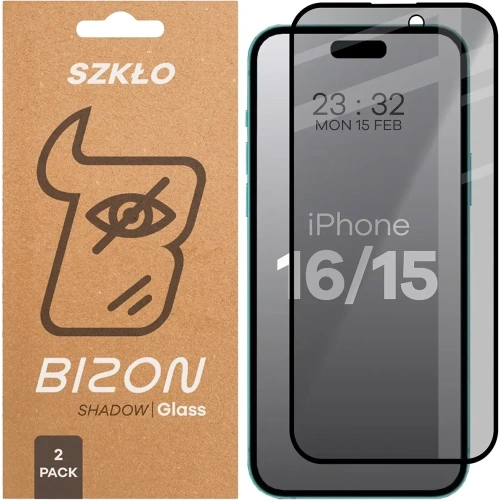 Prywatyzujące szkło hartowane Bizon Glass Edge Shadow Duo do do Apple iPhone 15 / 16 przyciemniane z czarną ramką [2 PACK]