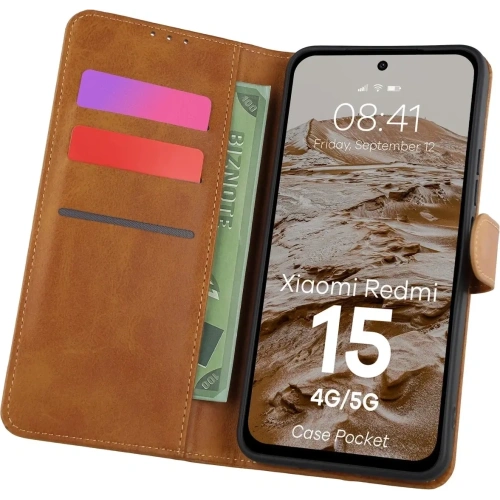 Etui z klapką Bizon Case Pocket do Xiaomi Redmi 15 4G / 5G brązowe