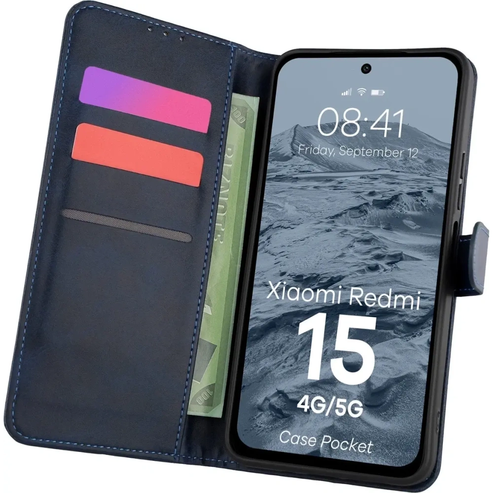Etui z klapką Bizon Case Pocket do Xiaomi Redmi 15 4G / 5G granatowe