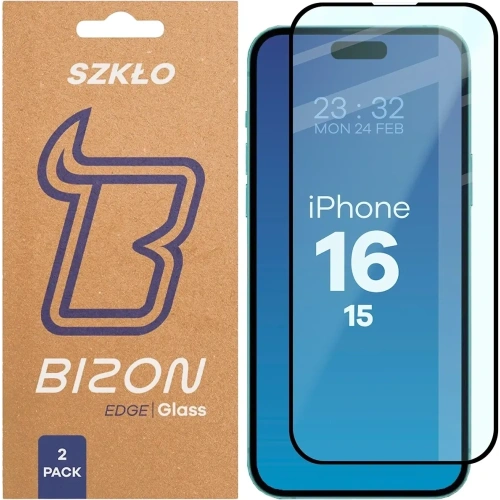 Szkło hartowane Bizon Glass Edge Duo do Apple iPhone 15 / 16 czarna ramka [2 PACK]