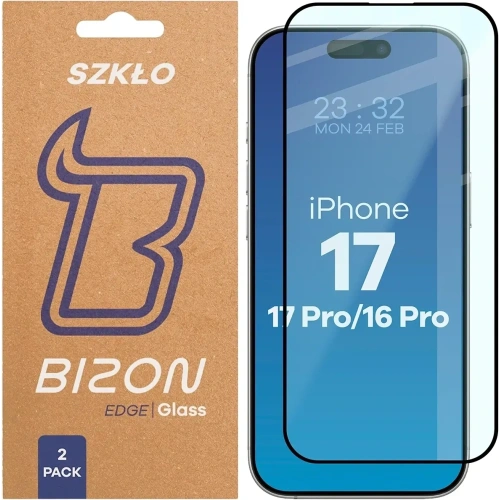 Szkło hartowane Bizon Glass Edge Duo do Apple iPhone 17 / 17 Pro / 16 Pro czarna ramka [2 PACK]