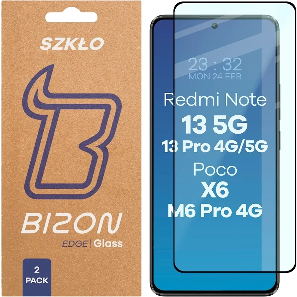Szkło hartowane Bizon Glass Edge Duo do Xiaomi POCO X6 / M6 Pro 4G / Redmi Note 13 5G / 13 Pro 4G / 5G czarna ramka [2 PACK]