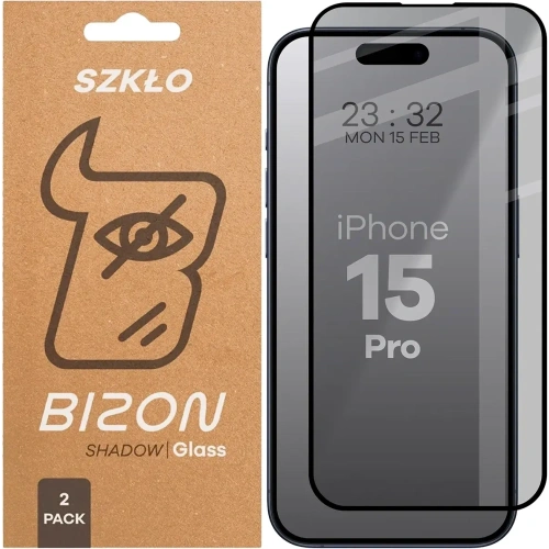Prywatyzujące szkło hartowane Bizon Glass Edge Shadow Duo do Apple iPhone 15 Pro przyciemniane z czarną ramką [2 PACK]
