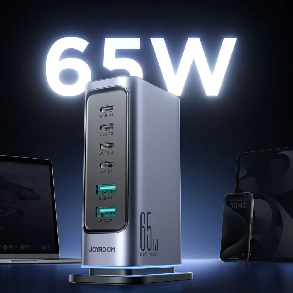 Ładowarka Joyroom JR-TCM02 GaN 65W stacja ładująca 4xUSB-C 2xUSB-A wtyczka UK szara
