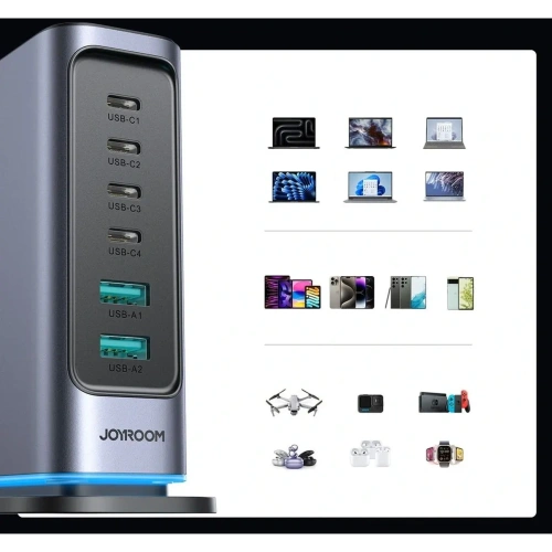 Ładowarka Joyroom JR-TCM02 GaN 65W stacja ładująca 4xUSB-C 2xUSB-A wtyczka UK szara