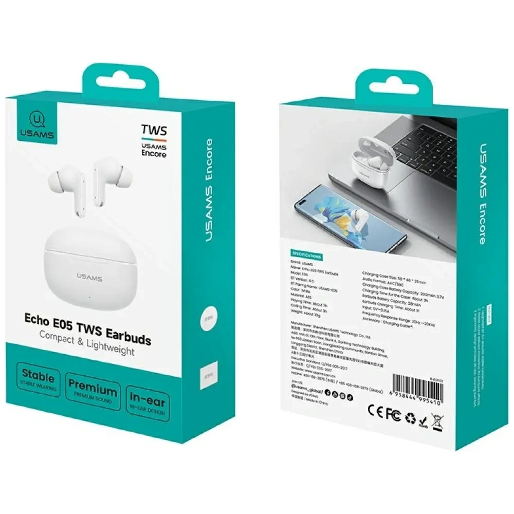 Bezprzewodowe słuchawki dokanałowe TWS USAMS E05 Bluetooth 6.0 biały