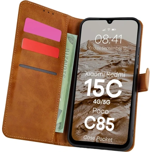 Etui z klapką Bizon Case Pocket do Xiaomi Redmi 15C 4G / 5G / Poco C85 173mm brązowe