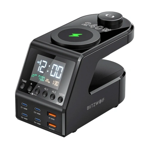 Budzik z ładowarką bezprzewodową Blitzwolf BW-FW10 2xUSB-A 60W, 4xUSB-C 120W, do telefonu, do zegarka