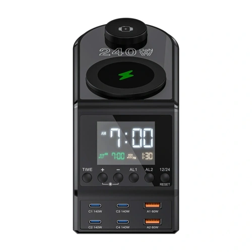 Budzik z ładowarką bezprzewodową Blitzwolf BW-FW10 2xUSB-A 60W, 4xUSB-C 120W, do telefonu, do zegarka