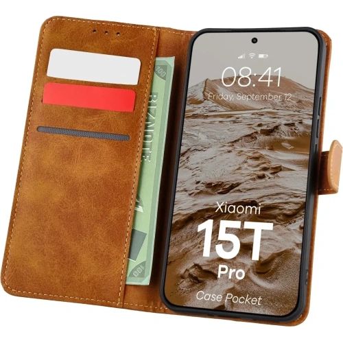Etui z klapką Bizon Case Pocket do Xiaomi 15T Pro brązowe