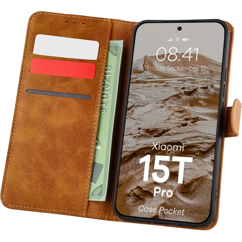 Etui z klapką Bizon Case Pocket do Xiaomi 15T Pro brązowe Etui z klapką Bizon Case Pocket do Xiaomi 15T Pro brązowe