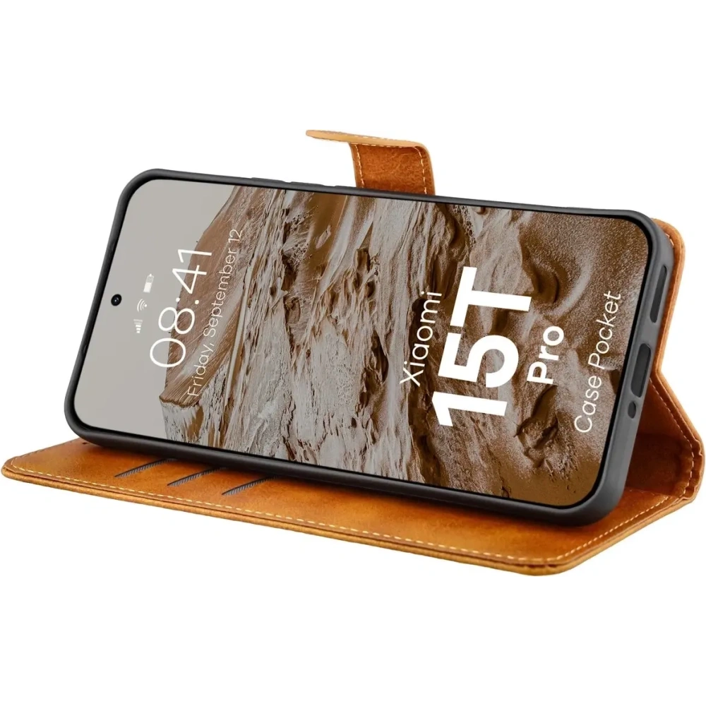 Etui z klapką Bizon Case Pocket do Xiaomi 15T Pro brązowe Etui z klapką Bizon Case Pocket do Xiaomi 15T Pro brązowe