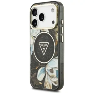 Etui Guess IML Glitter Flowers Triangle MagSafe do Apple iPhone 17 Pro Max czarny