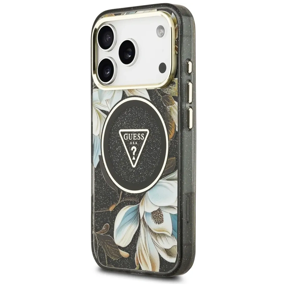 Etui Guess IML Glitter Flowers Triangle MagSafe do Apple iPhone 17 Pro Max czarny