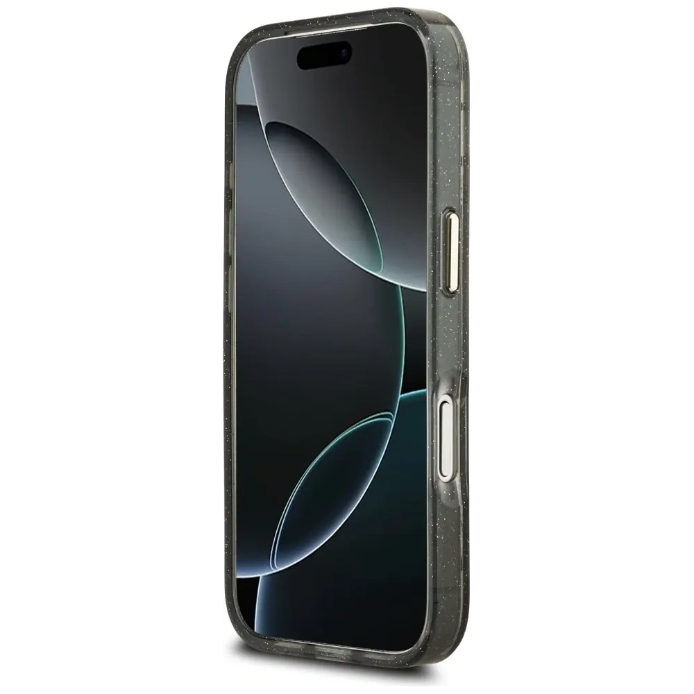 Etui Guess IML Glitter Flowers Triangle MagSafe do Apple iPhone 17 Pro Max czarny