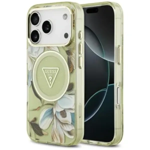 Etui Guess IML Glitter Flowers Triangle MagSafe do Apple iPhone 17 Pro Max zielony