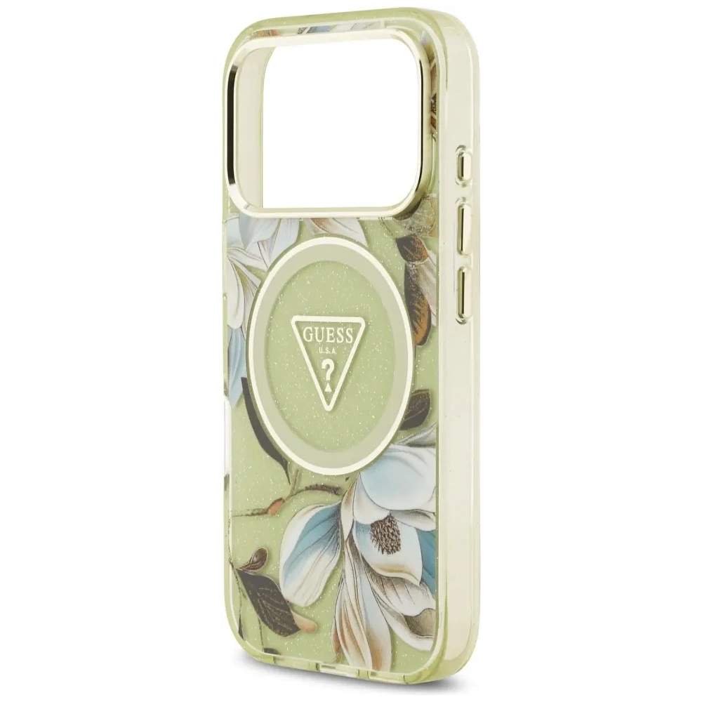 Etui Guess IML Glitter Flowers Triangle MagSafe do Apple iPhone 17 Pro Max zielony