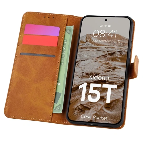 Etui z klapką Bizon Case Pocket do Xiaomi 15T brązowe