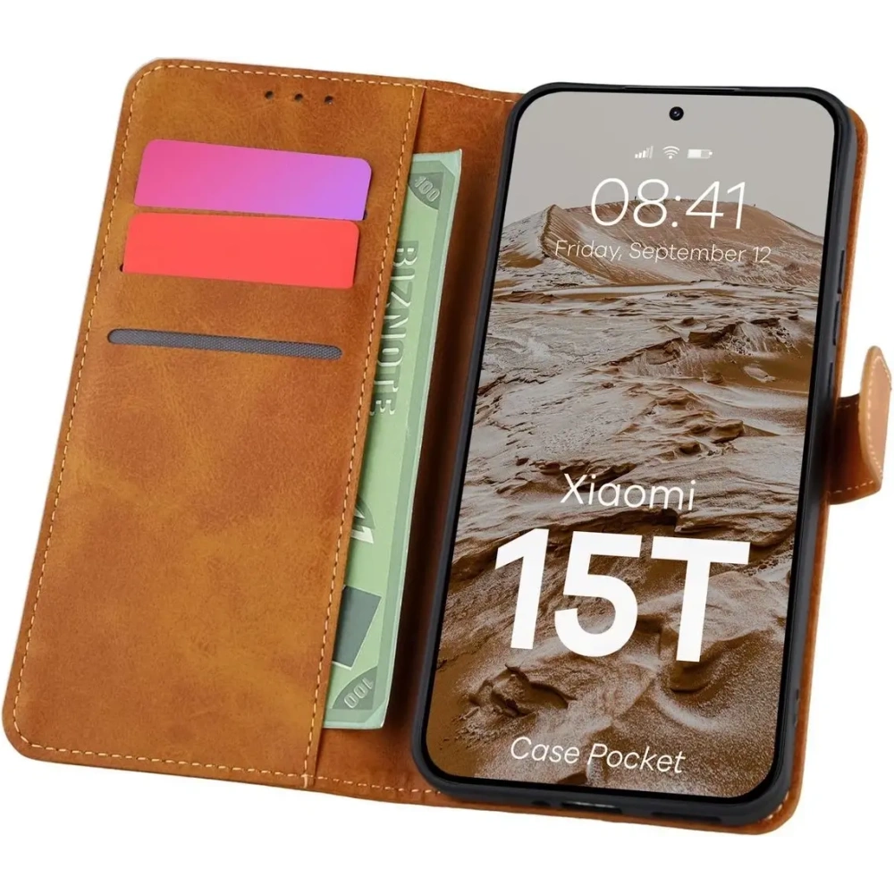 Etui z klapką Bizon Case Pocket do Xiaomi 15T brązowe Etui z klapką Bizon Case Pocket do Xiaomi 15T brązowe