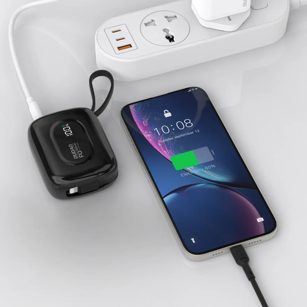 Powerbank Dudao K32 10000 mAh z wbudowanym kablem USB-C / Lightning - czarny