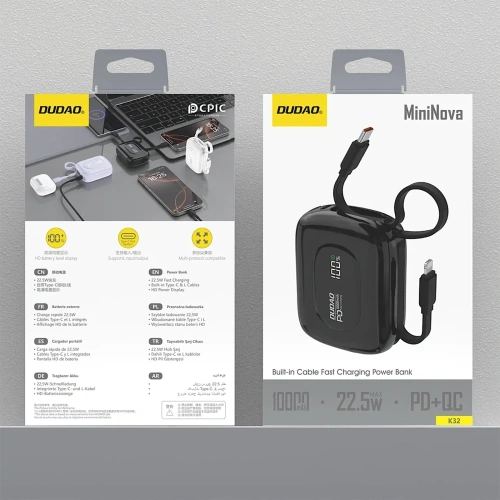 Powerbank Dudao K32 10000 mAh z wbudowanym kablem USB-C / Lightning - czarny