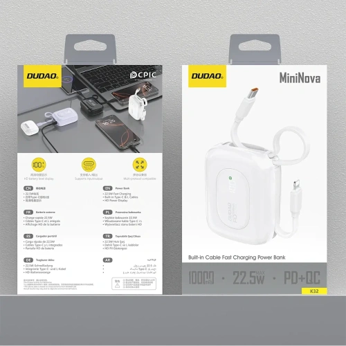 Powerbank Dudao K32 10000 mAh z wbudowanym kablem USB-C / Lightning - biały