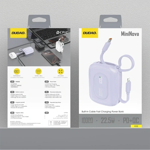 Powerbank Dudao K32 10000 mAh z wbudowanym kablem USB-C / Lightning - fioletowy