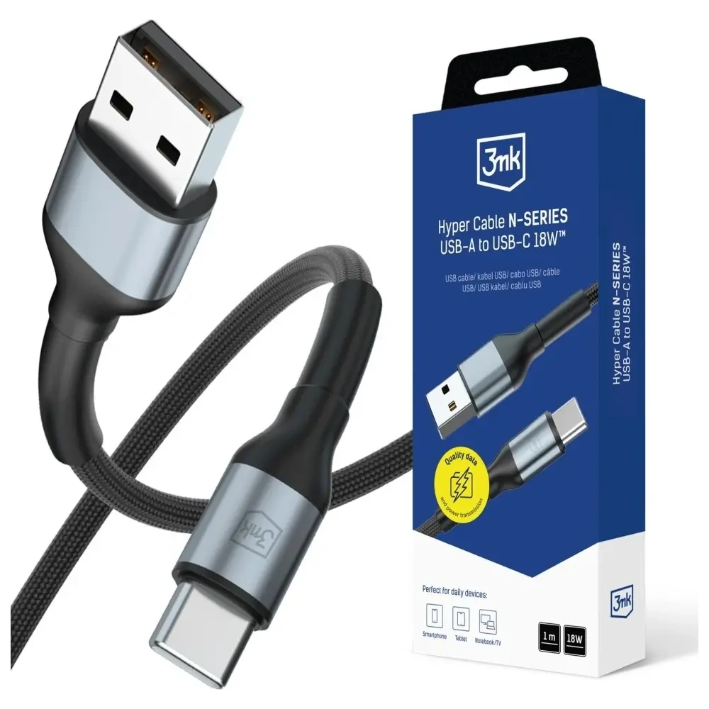 Kabel 3MK Hyper Cable N-SERIES USB-A / USB-C 1m 9V/2A 18W czarny