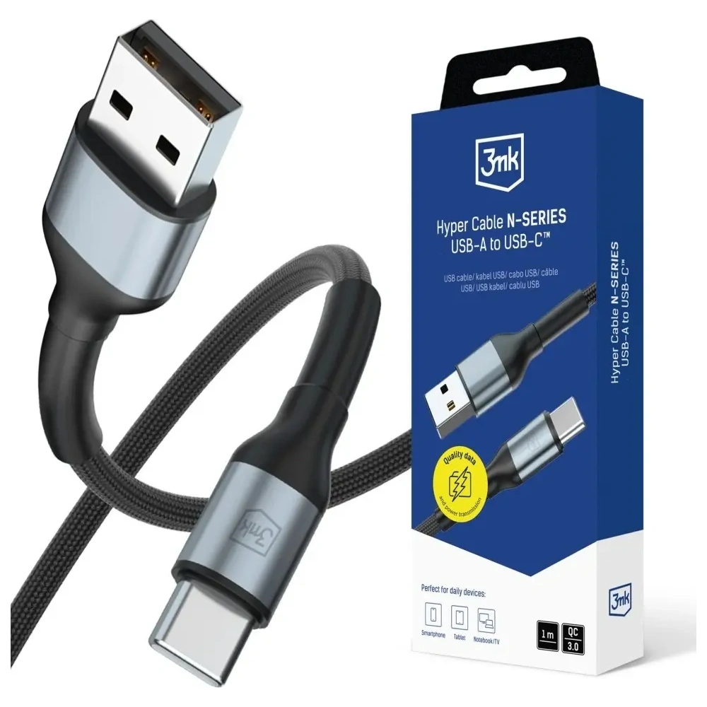 Kabel 3MK Hyper Cable N-SERIES USB-A / USB-C 1m 9V/2A 18W QC 3.0 czarny