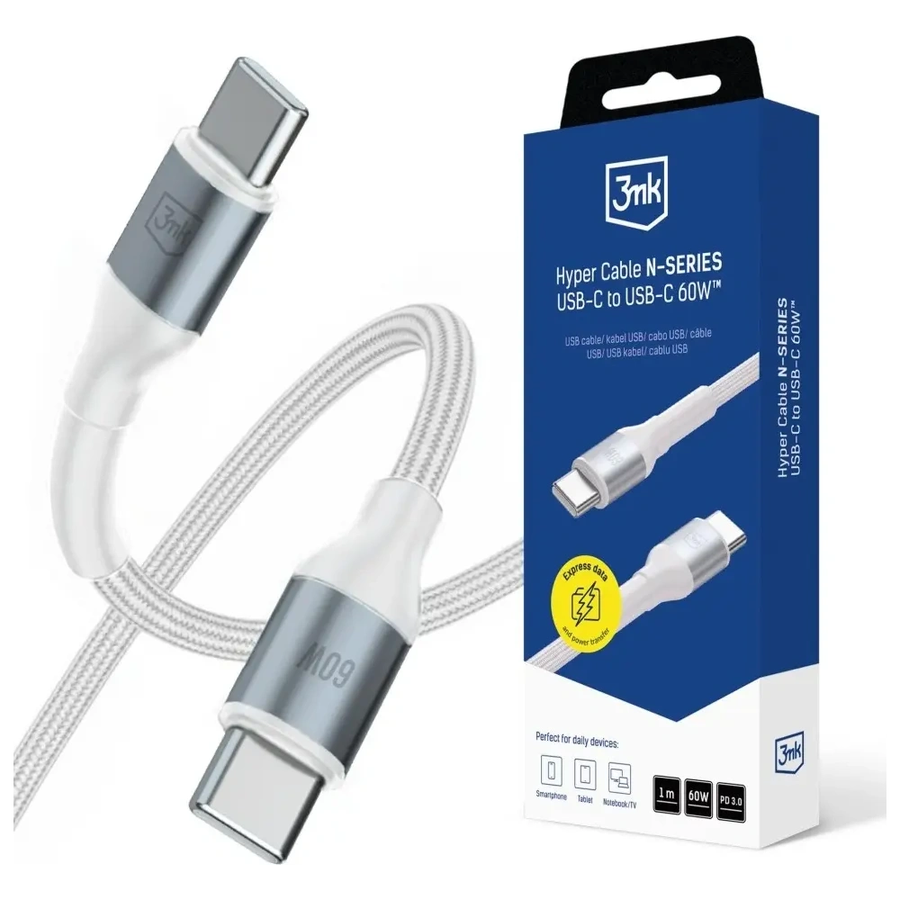 Kabel 3MK Hyper Cable N-SERIES USB-C / USB-C 1m 20V/3A 60W biały