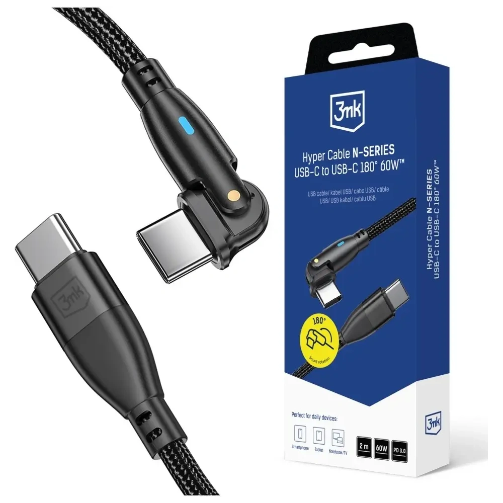 Kabel 3MK Hyper Cable N-SERIES USB-C / USB-C 2m 20V/3A 60W obrotowy czarny