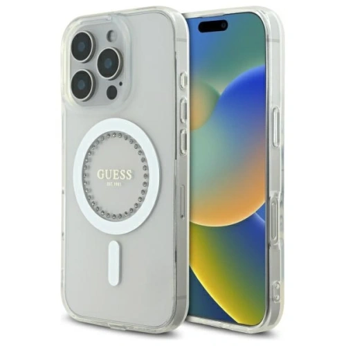 Etui Guess do Apple iPhone 16 Pro hardcase IML Rhinestones MagSafe biały
