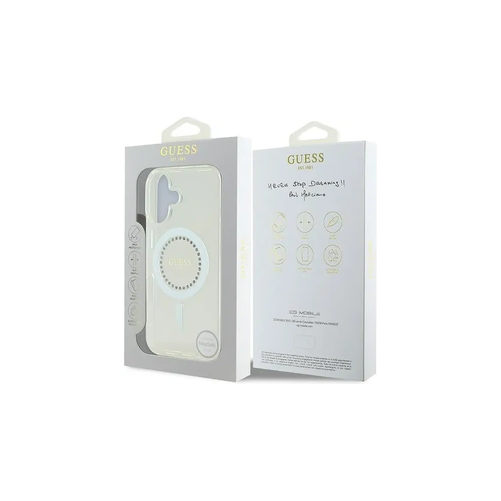 Etui Guess do Apple iPhone 16 hardcase IML Rhinestones MagSafe biały Etui Guess do Apple iPhone 16 hardcase IML Rhinestones MagSafe biały