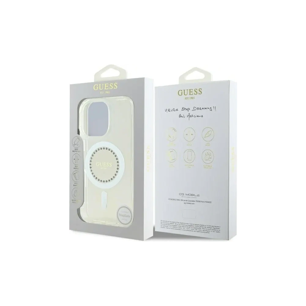 Etui Guess do Apple iPhone 16 Pro Max hardcase IML Rhinestones MagSafe biały