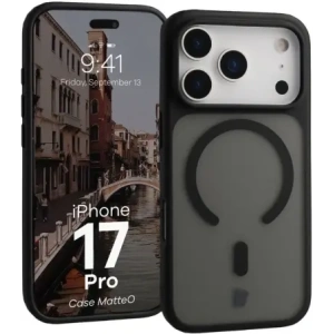 Etui z pierścieniem magnetycznym Bizon Case MatteO do Apple iPhone 17 Pro przydymione-czarne