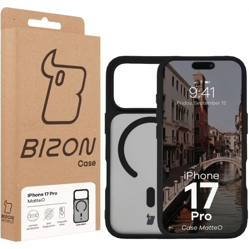 Etui z pierścieniem magnetycznym Bizon Case MatteO do Apple iPhone 17 Pro przydymione-czarne