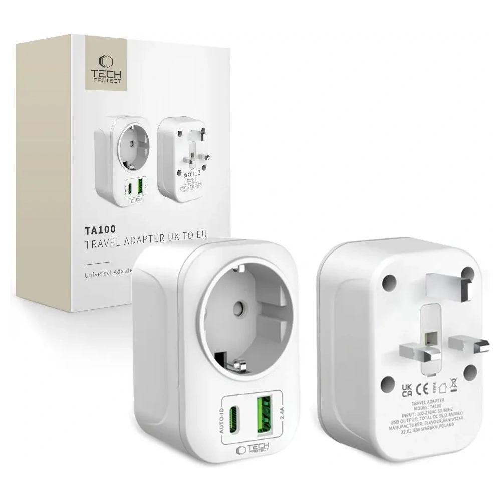 Adapter / przejściówka Tech-Protect TA100 Travel Adapter UK / EU White Adapter / przejściówka Tech-Protect TA100 Travel Adapter UK / EU White