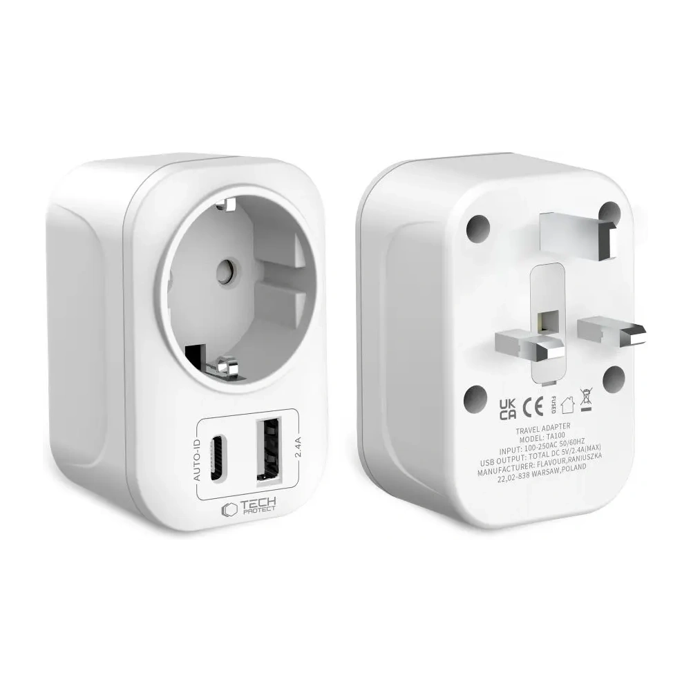 Adapter / przejściówka Tech-Protect TA100 Travel Adapter UK / EU White Adapter / przejściówka Tech-Protect TA100 Travel Adapter UK / EU White