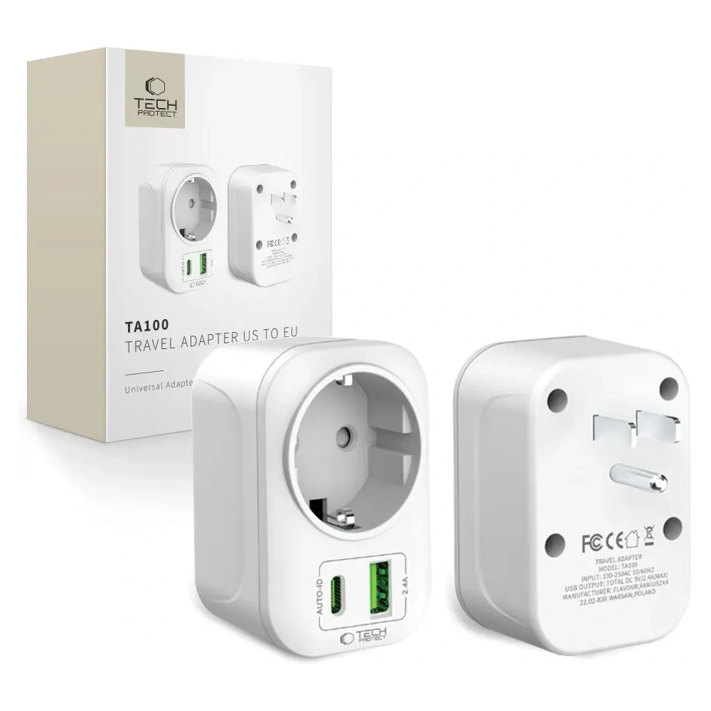 Adapter / przejściówka Tech-Protect TA100 Travel Adapter US / EU White Adapter / przejściówka Tech-Protect TA100 Travel Adapter US / EU White