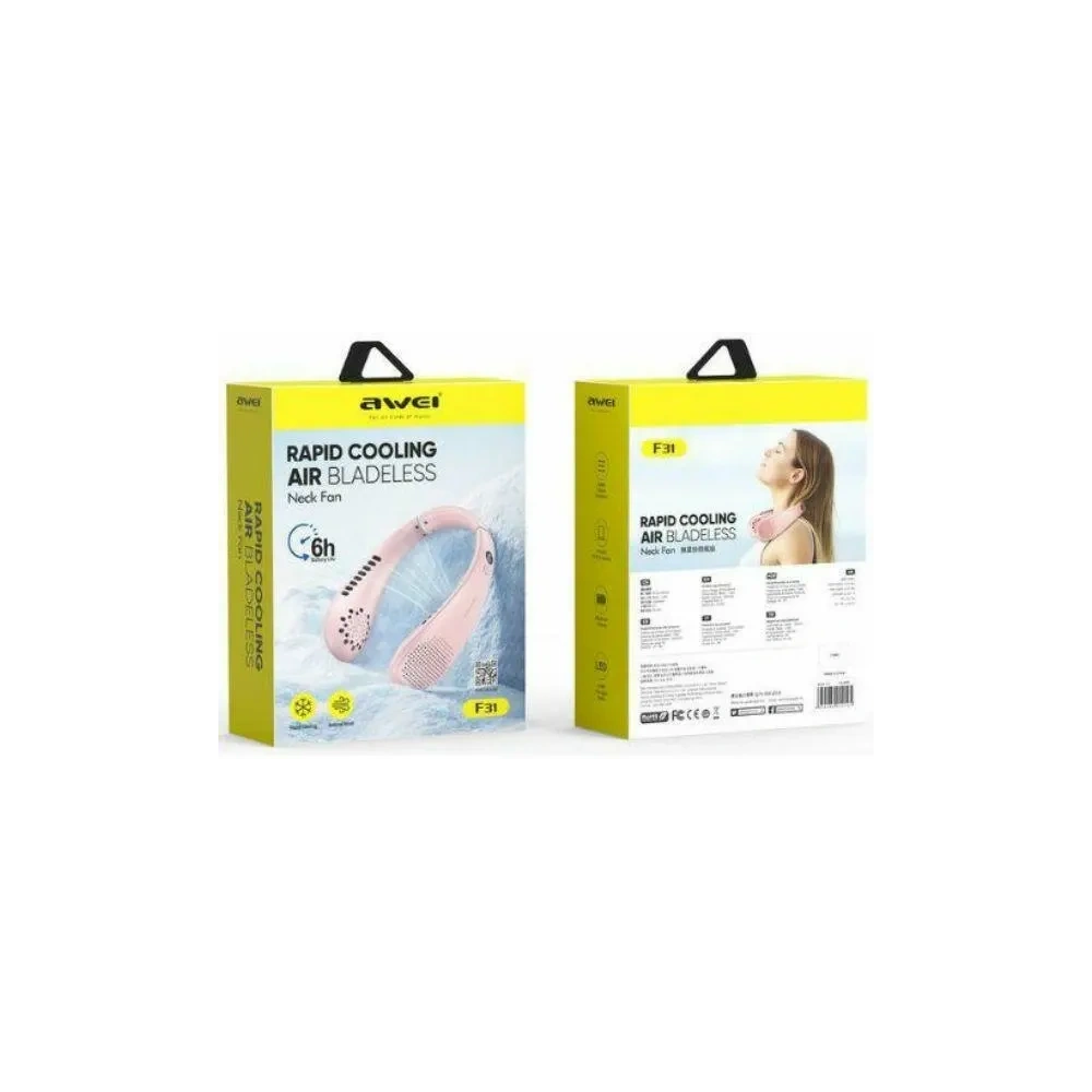 Przenośny wentylator na szyję AWEI F31 1200mAh różowy Przenośny wentylator na szyję AWEI F31 1200mAh różowy