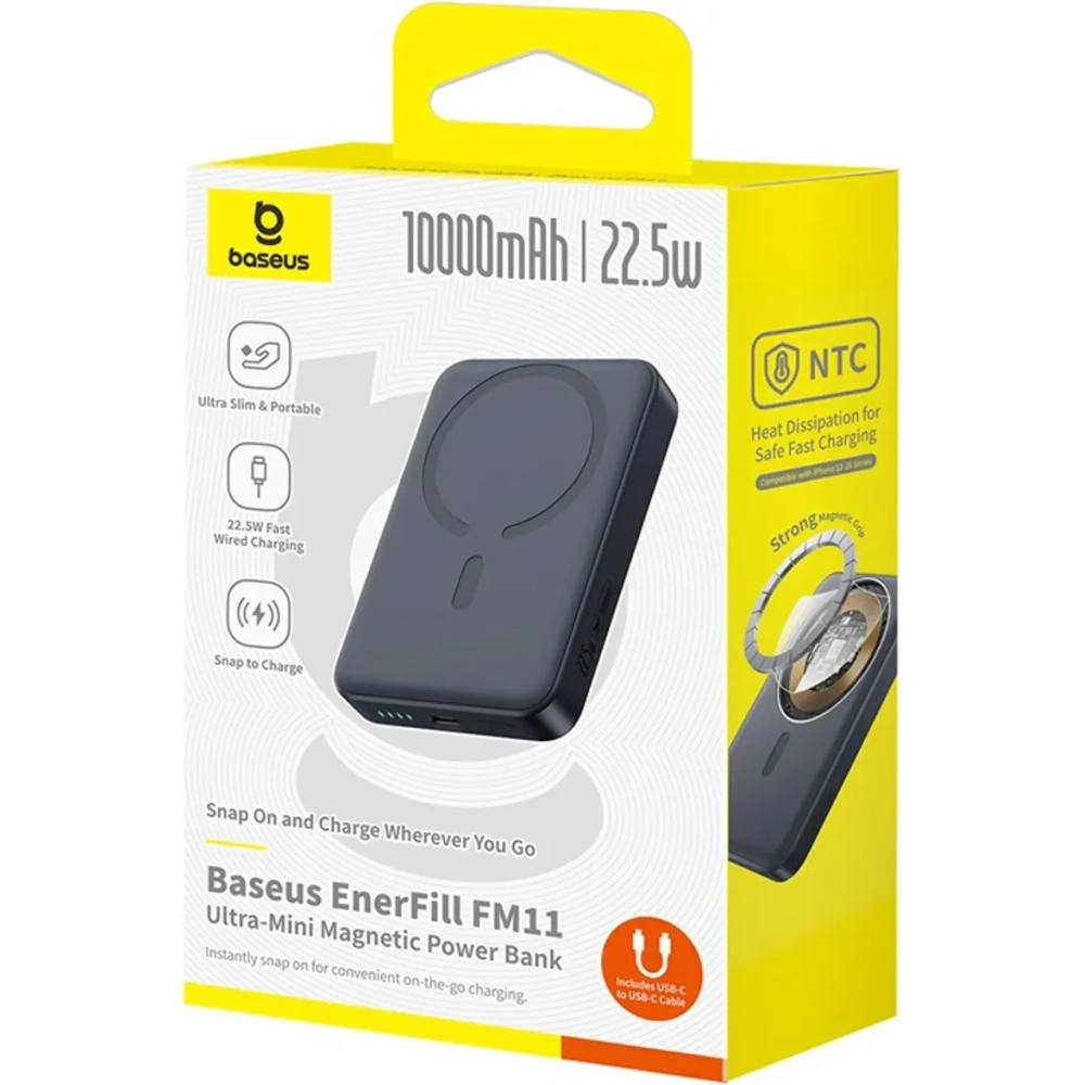 Powerbank Baseus EnerFill FM11 Ultra-Mini 10000mAh 22.5W kompatybilny z MagSafe + kabel Baseus Simple USB-C 20V 3A 30cm czarny