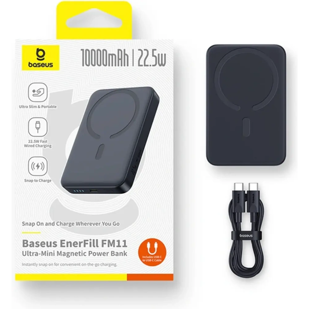 Powerbank Baseus EnerFill FM11 Ultra-Mini 10000mAh 22.5W kompatybilny z MagSafe + kabel Baseus Simple USB-C 20V 3A 30cm czarny