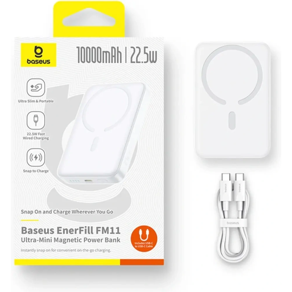 Powerbank Baseus EnerFill FM11 Ultra-Mini 10000mAh 22.5W kompatybilny z MagSafe + kabel Baseus Simple USB-C 20V 3A 30cm biały