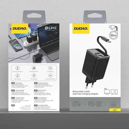 Ładowarka sieciowa Dudao A67EU GaN 67W z wbudowanym zwijanym kablem USB-C Power Delivery Quick Charge czarna