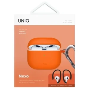 Etui UNIQ Nexo do Apple AirPods 4 + Ear Hooks Silicone pomarańczowy/volt orange