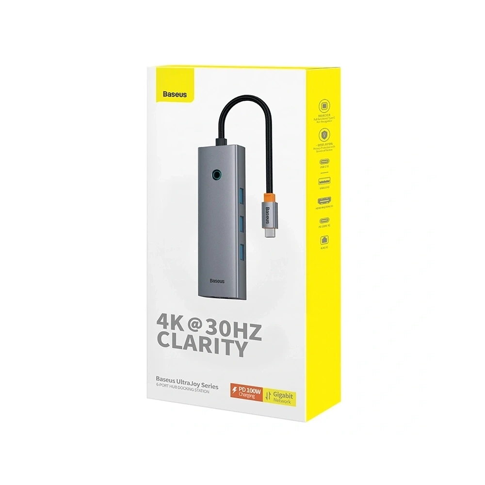 HUB 6w1 Baseus UltraJoy USB-C / HDMI4K@30Hz, 3xUSB-A 3.0+ USB-C PD+RJ45 (szary)
