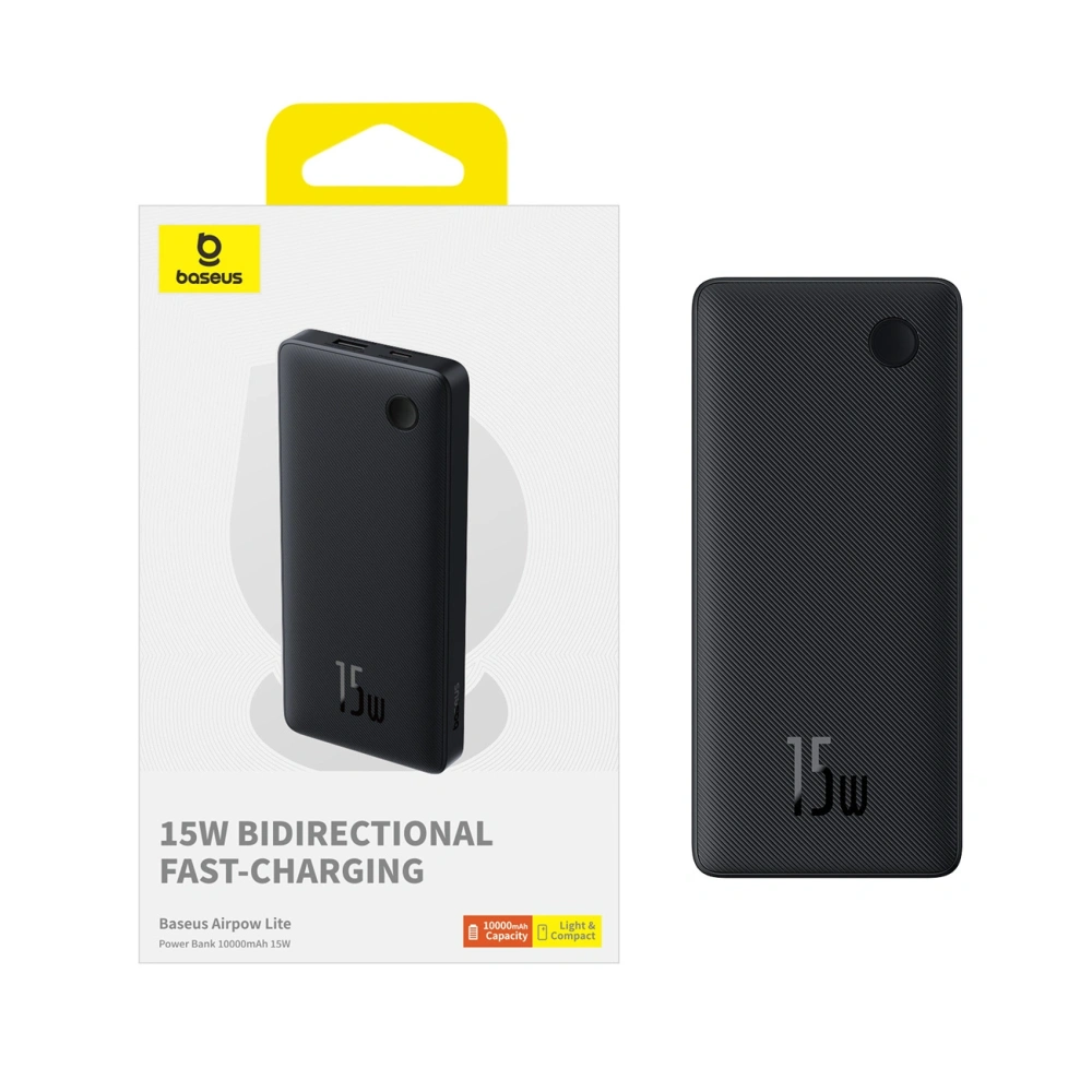 Powerbank Baseus Airpow Lite 10000mAh 15W z kablem Baseus Simple USB-C 30cm czarny