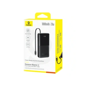 Powerbank Baseus Bipow 2 10000mah 20W z cyfrowym wyświetlaczem + wbudowany kabel USB-C czarny
