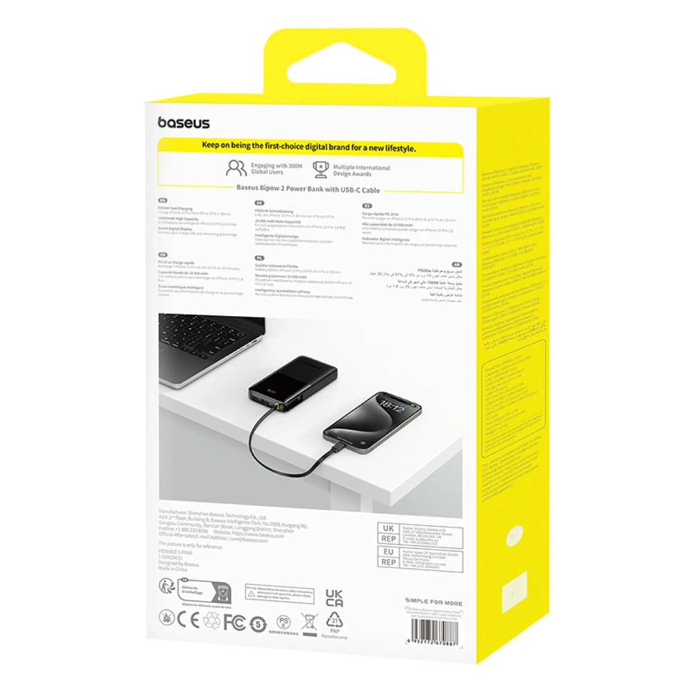 Powerbank Baseus Bipow 2 10000mah 20W z cyfrowym wyświetlaczem + wbudowany kabel USB-C czarny