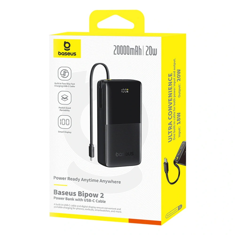 Powerbank Baseus Bipow 2 20000mah 20W z cyfrowym wyświetlaczem + wbudowany kabel USB-C czarny